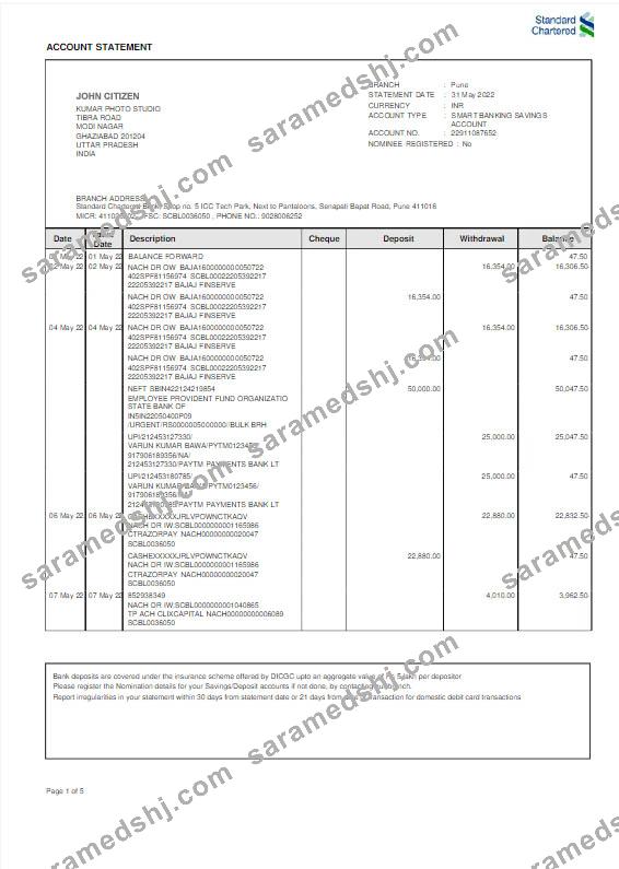 India Standard Chartered bank statement Word and PDF template scr